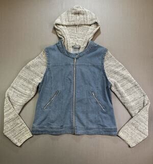 Masseys Women’s 2X Denim Jacket Hoodie Knit Sleeves Blue Jean Zip Front